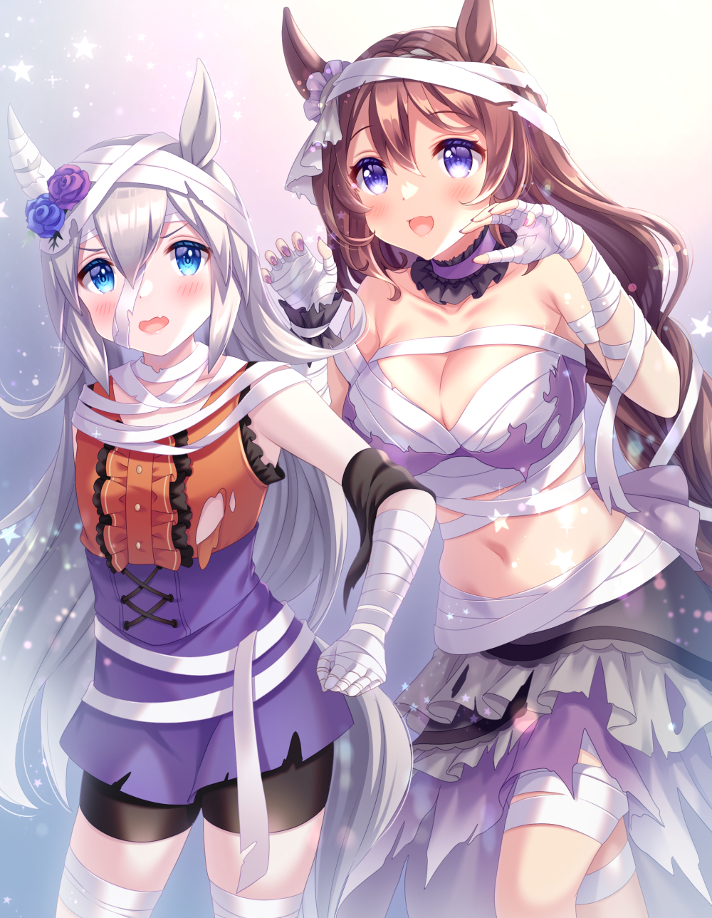 2girls animal_ears bandage_on_hair bandaged_arm bandaged_head bandaged_leg bandaged_torso bandages bandeau bike_shorts blue_eyes blush braid braided_ponytail breasts brown_hair center_frills chest_sarashi claw_pose cleavage commentary_request cowboy_shot double-parted_bangs ear_scrunchie eye_contact fang flower frilled_shirt frilled_skirt frills grey_hair hair_between_eyes hair_flower hair_ornament high-waist_skirt highres horse_ears horse_girl horse_tail large_breasts long_hair looking_at_another midriff multiple_girls mummy_costume navel official_alternate_costume open_mouth orange_shirt outstretched_arms purple_bandeau purple_skirt sarashi shirt shizuki_aya skin_fang skirt super_creek_(chiffon_ribbon_mummy)_(umamusume) super_creek_(umamusume) tail tamamo_cross_(go_get_&#039;em_halloween_knight!)_(umamusume) tamamo_cross_(umamusume) torn_bandeau torn_clothes torn_skirt umamusume very_long_hair zombie_pose