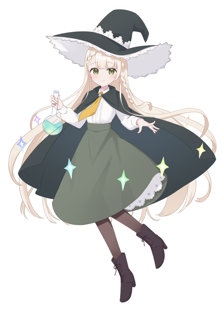 1girl black_boots black_cape black_hat blonde_hair boots braid brown_pantyhose cape closed_mouth commentary frilled_hat frilled_skirt frills full_body furutori green_eyes green_skirt hat high-waist_skirt lace-up_boots long_hair long_skirt long_sleeves looking_at_viewer necktie original pantyhose shirt simple_background skirt smile solo sparkle symbol-only_commentary test_tube very_long_hair white_background white_shirt witch witch_hat yellow_necktie
