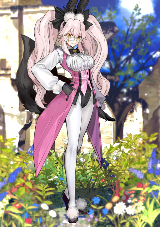1girl animal_ears arm_at_side black_bow black_bowtie black_gloves black_leotard black_shoes black_tail blouse bow bowtie breasts buttons coat collared_shirt fake_animal_ears fate/grand_order fate_(series) fox_tail full_body game_cg gloves hair_bow hand_on_own_hip highleg highleg_leotard koyanskaya_(fate) large_breasts legs_together leotard long_hair long_sleeves looking_at_viewer official_art pantyhose pink_coat pink_hair pink_vest pom_pom_(clothes) rabbit_ears rectangular_eyewear shirt shoes sidelocks sleeve_cuffs solo tail tailcoat tamamo_(fate) third-party_source traditional_bowtie twintails underbust variant_set vest wada_arco waistcoat white-framed_eyewear white_pantyhose white_shirt wing_collar yellow_eyes