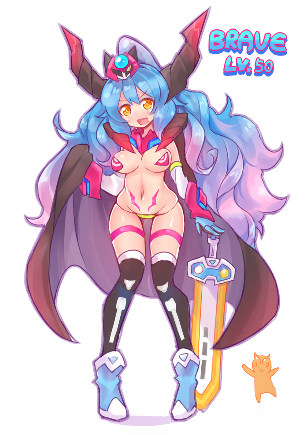 1girl :3 armor black_cape black_thighhighs blue_footwear blue_hair blush boots breasts bugster_virus cape character_hair_ornament chibi demon_girl demon_horns ditienan_ddn gashacon_sword hair_ornament highres horns kamen_rider kamen_rider_brave kamen_rider_ex-aid_(series) large_breasts long_hair looking_at_viewer monster multicolored_hair navel open_mouth panties pasties personification pink_hair ponytail red_armor rider-tan smile standing stomach_tattoo sword taddle_fantasy_level_50 tattoo thigh_strap thighhighs two-tone_hair underwear very_long_hair weapon white_background yellow_eyes yellow_panties