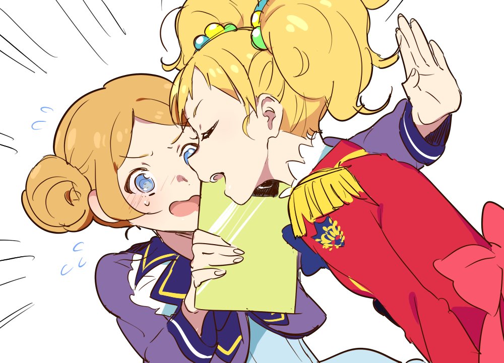 2girls aikatsu!_(series) aikatsu_stars! bad_id bad_twitter_id blonde_hair blush braid closed_eyes double_bun epaulettes flying_sweatdrops furrowed_brow green_eyes hair_bobbles hair_bun hair_ornament hands_up jacket katsura_miki_(aikatsu!) long_hair long_sleeves looking_at_another multiple_girls nikaido_yuzu open_mouth profile purple_jacket red_jacket s4_uniform school_uniform shiontaso short_hair side_braid sweatdrop swept_bangs twintails upper_body white_background yotsuboshi_academy_school_uniform