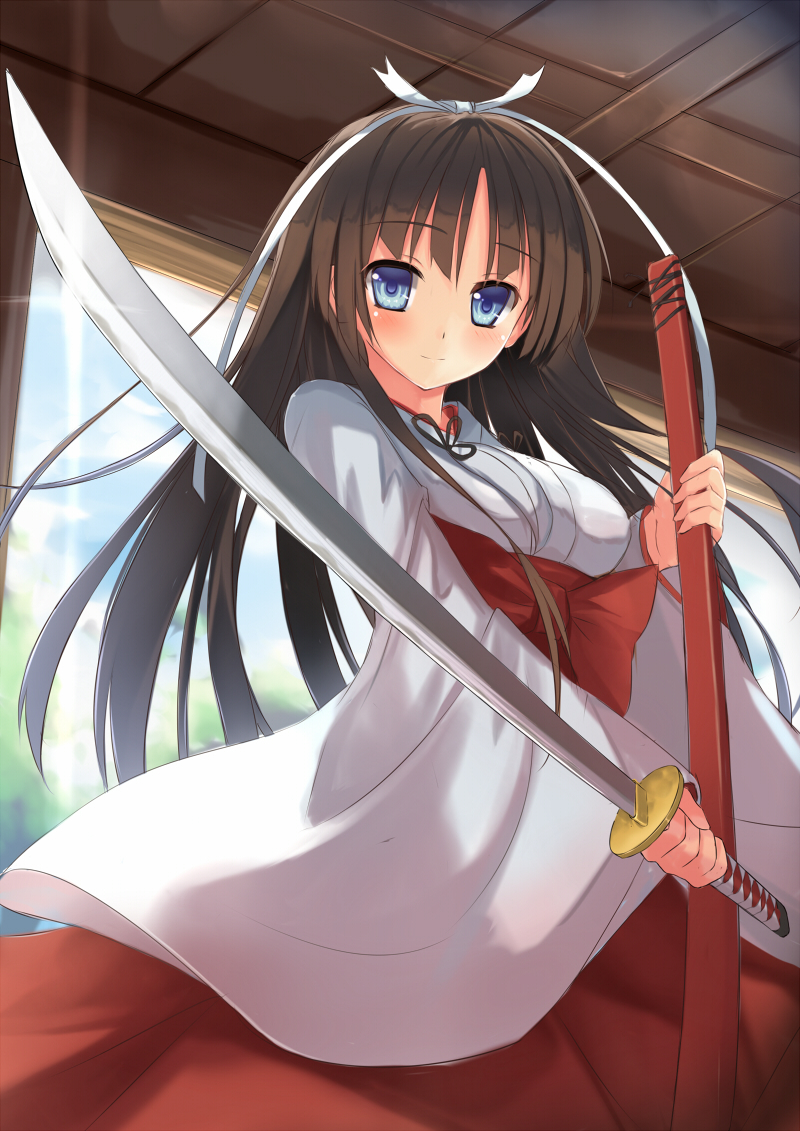 1girl blue_eyes brown_hair dreamlight2000 female_focus hakama hakama_skirt hidan_no_aria hotogi_shirayuki japanese_clothes katana miko red_hakama sheath skirt solo sword weapon