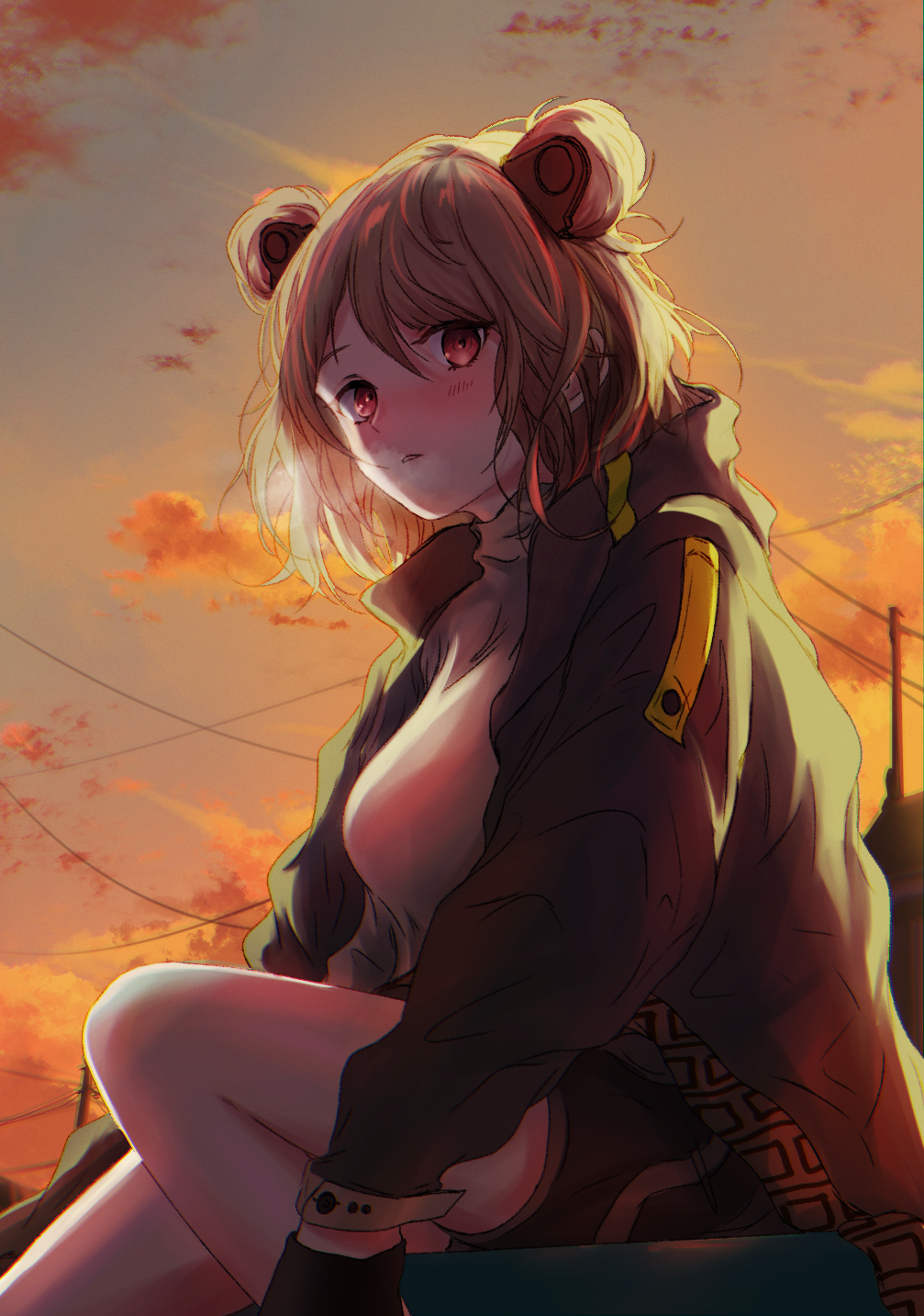 1girl black_gloves black_shorts blush breasts brown_hair brown_jacket double_bun e20_(79324944) feet_out_of_frame girls&#039;_frontline gloves hair_bun highres jacket long_sleeves looking_at_viewer medium_hair open_clothes open_jacket open_mouth p90_(girls&#039;_frontline) parted_lips red_eyes shirt shorts sitting solo steam_from_mouth sunset white_shirt