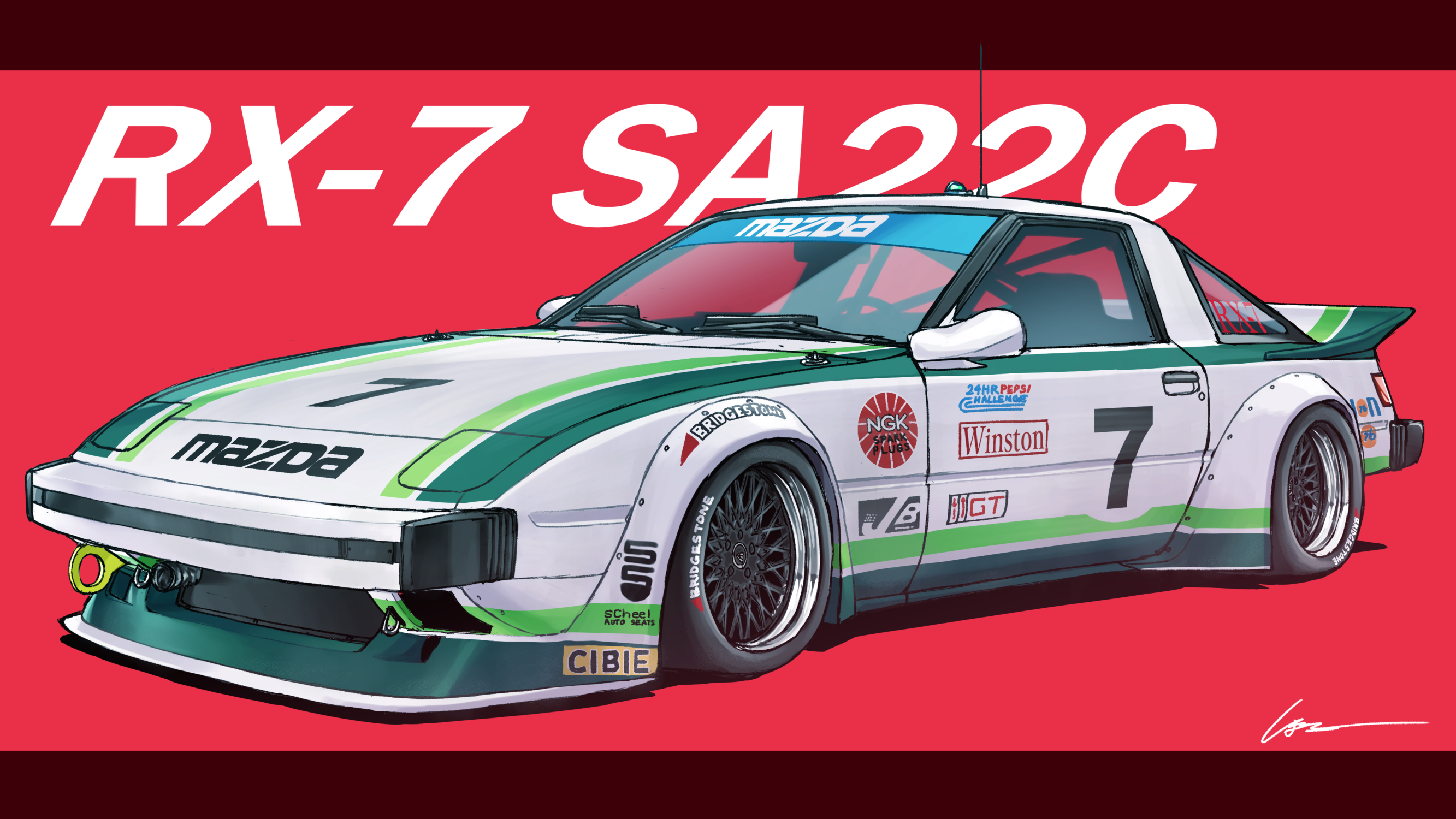 car highres imsa_gt_championship mazda_rx-7 mazda_rx-7_fb motor_vehicle no_humans race_vehicle racecar red_background simana simple_background vehicle_focus vehicle_name
