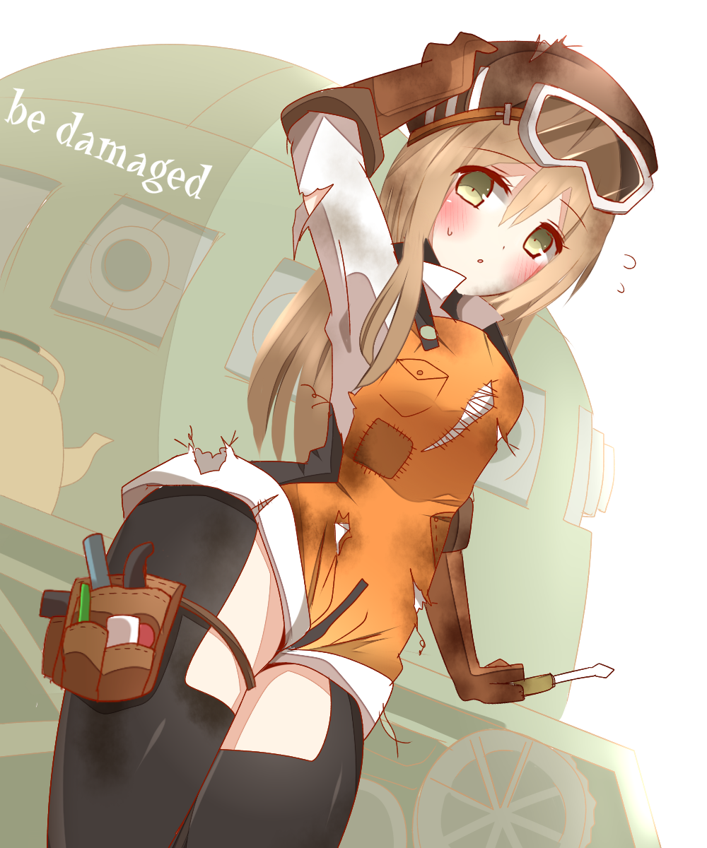 1girl :o apron arm_up black_pantyhose black_shorts blush breasts brown_gloves brown_hat commentary_request dutch_angle elbow_gloves engineer english_text female_focus flying_sweatdrops gloves goggles goggles_on_head green_eyes hair_between_eyes hat highres holding holding_screwdriver light_brown_hair long_hair long_sleeves non_(wednesday-classic) orange_apron original pantyhose parted_lips screwdriver shirt short_shorts shorts small_breasts solo sweat teapot torn_apron torn_clothes torn_shirt torn_shorts very_long_hair white_background white_shirt