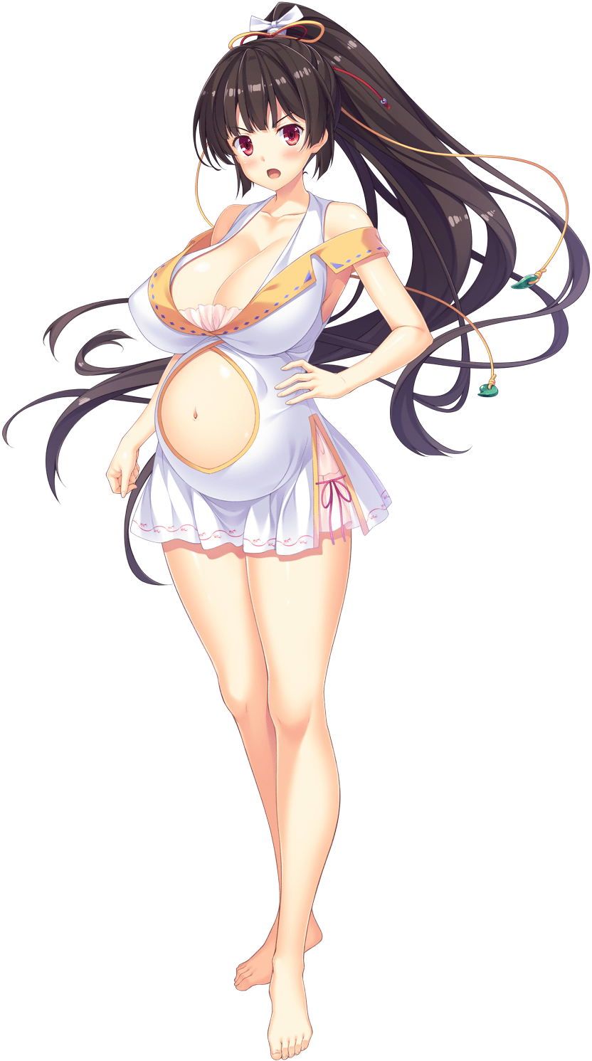1girl arm_at_side barefoot big_belly blush breasts brown_hair clenched_hand clothing_cutout furrowed_brow game_cg hair_tie hand_on_own_hip highres hinata_nao kashima_hikari large_breasts long_hair maternity_dress navel no_panties non-web_source official_art open_mouth ponytail pregnant red_eyes sex_open_world_e_youkoso! solo stomach_cutout transparent_background
