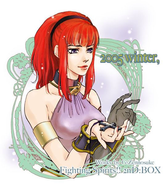 1girl armband breasts brown_eyes choker cross female_focus g-zennosuke hairband jewelry karin_koenig long_hair necklace red_hair shadow_hearts shadow_hearts_ii solo white_background