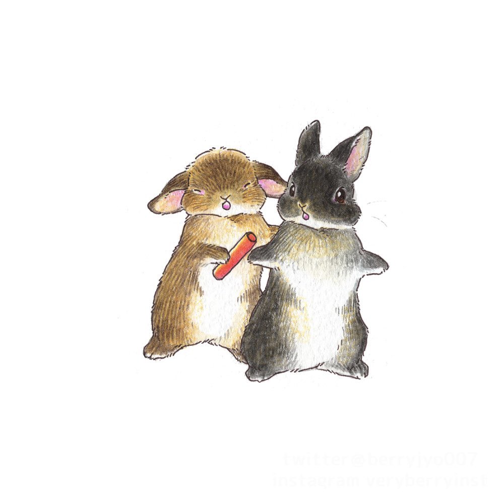 animal animal_ears animal_focus berry_jou closed_eyes no_humans open_mouth original rabbit rabbit_ears relay_baton simple_background traditional_media white_background