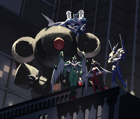 1girl 4boys building crossed_arms duel_monster e_volution elemental_hero_avian elemental_hero_bubbleman elemental_hero_burstinatrix elemental_hero_sparkman feathered_wings full_body light lowres multiple_boys sitting_on_shoulder skyscraper superhero_costume wings yu-gi-oh! yu-gi-oh!_gx