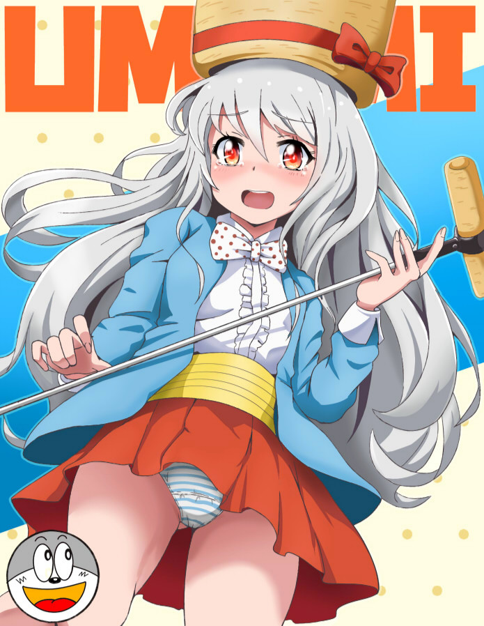 1girl banboro_(technobot) blue_jacket food food_insertion hat jacket long_hair looking_at_viewer mascot object_insertion open_mouth panties pleated_skirt polka_dot_neckwear red_eyes red_skirt silver_hair skirt solo striped_clothes striped_panties suit_jacket umaemon umaibou umami-chan underwear yaokin