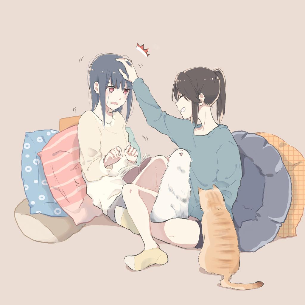 2girls :3 :d ankle_socks black_hair black_legwear blue_shirt book brown_background cat closed_eyes closed_mouth commentary cushion dropping empty_eyes expressionless furrowed_brow grey_legwear grin hair_strand hand_on_another&#039;s_head headpat indian_style pantyhose_under_shorts light_smile long_hair long_sleeves looking_ahead looking_up lyy motion_lines multiple_girls open_book open_mouth orange_cat original pantyhose pillow ponytail reading red_eyes shirt shorts simple_background sitting smile socks surprised sweater wavy_mouth white_cat white_sweater