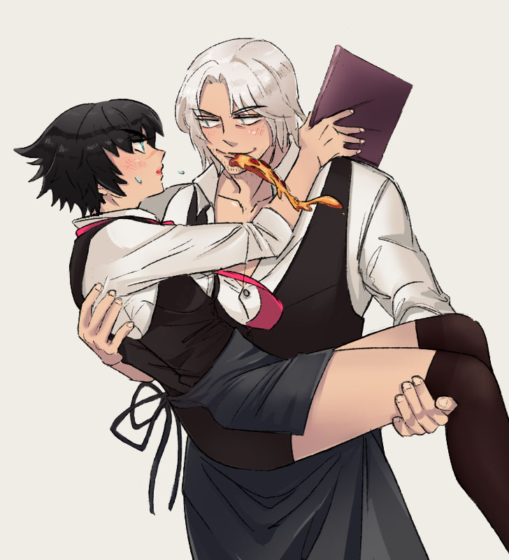 1boy 1girl black_hair black_thighhighs black_vest blush carrying dante_(devil_may_cry) devil_may_cry_(series) food jumpoon lady_(devil_may_cry) pizza pizza_slice princess_carry scar scar_on_face scar_on_nose shirt simple_background smile sweatdrop thighhighs vest waiter white_hair white_shirt