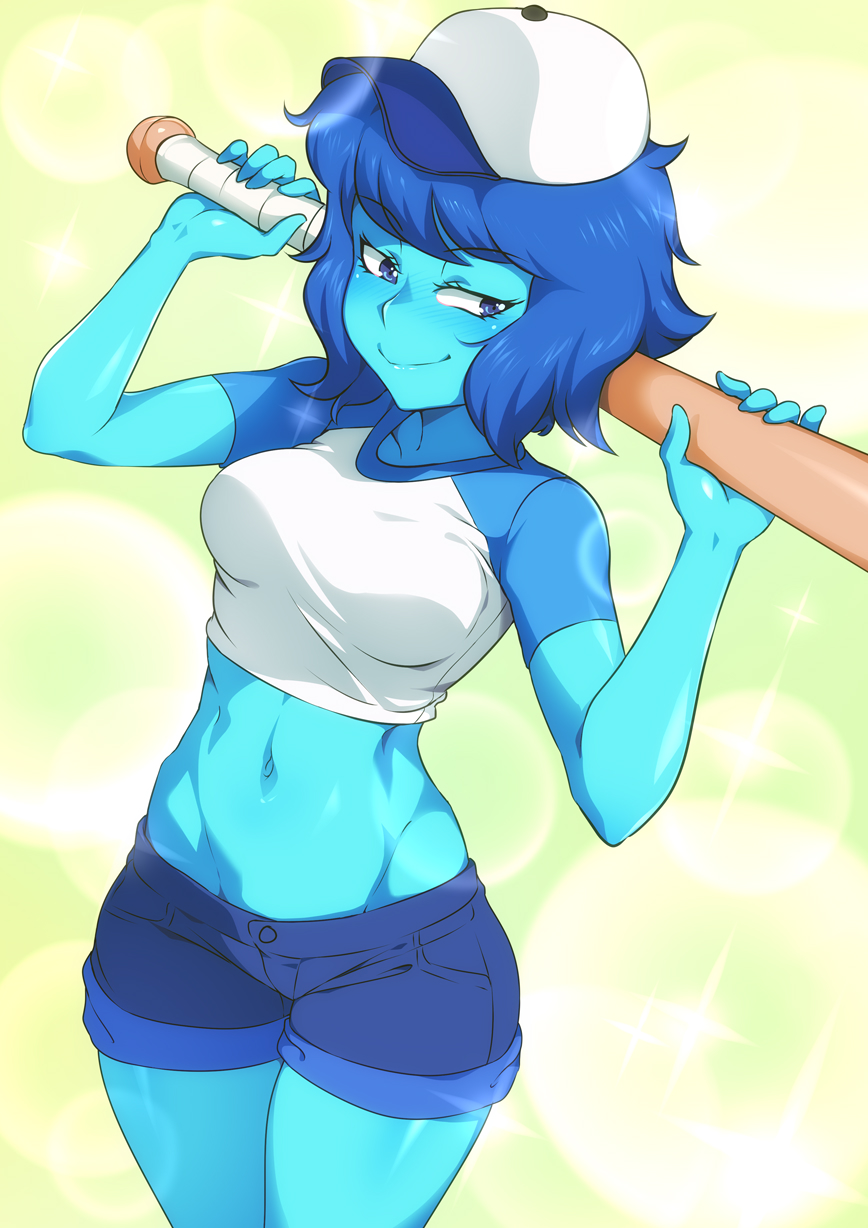 1girl baseball_bat baseball_cap blue_eyes blue_hair blue_skin colored_skin crop_top cropped_legs eyelashes female_focus hat highres jcm2 lapis_lazuli_(steven_universe) looking_at_viewer navel short_hair short_shorts shorts smile solo steven_universe stomach tomboy toned
