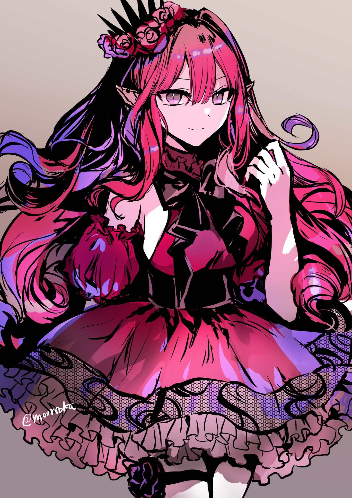 1girl baobhan_sith_(chaldea_satellite_station)_(fate) baobhan_sith_(fate) bare_shoulders black_bow bow breasts dress fate/grand_order fate_(series) flower frilled_dress frills grey_background grey_eyes hair_flower hair_ornament hand_up highres long_hair looking_at_viewer pink_hair red_dress red_flower red_nails rioka_(southern_blue_sky) sidelocks smile solo thigh_strap