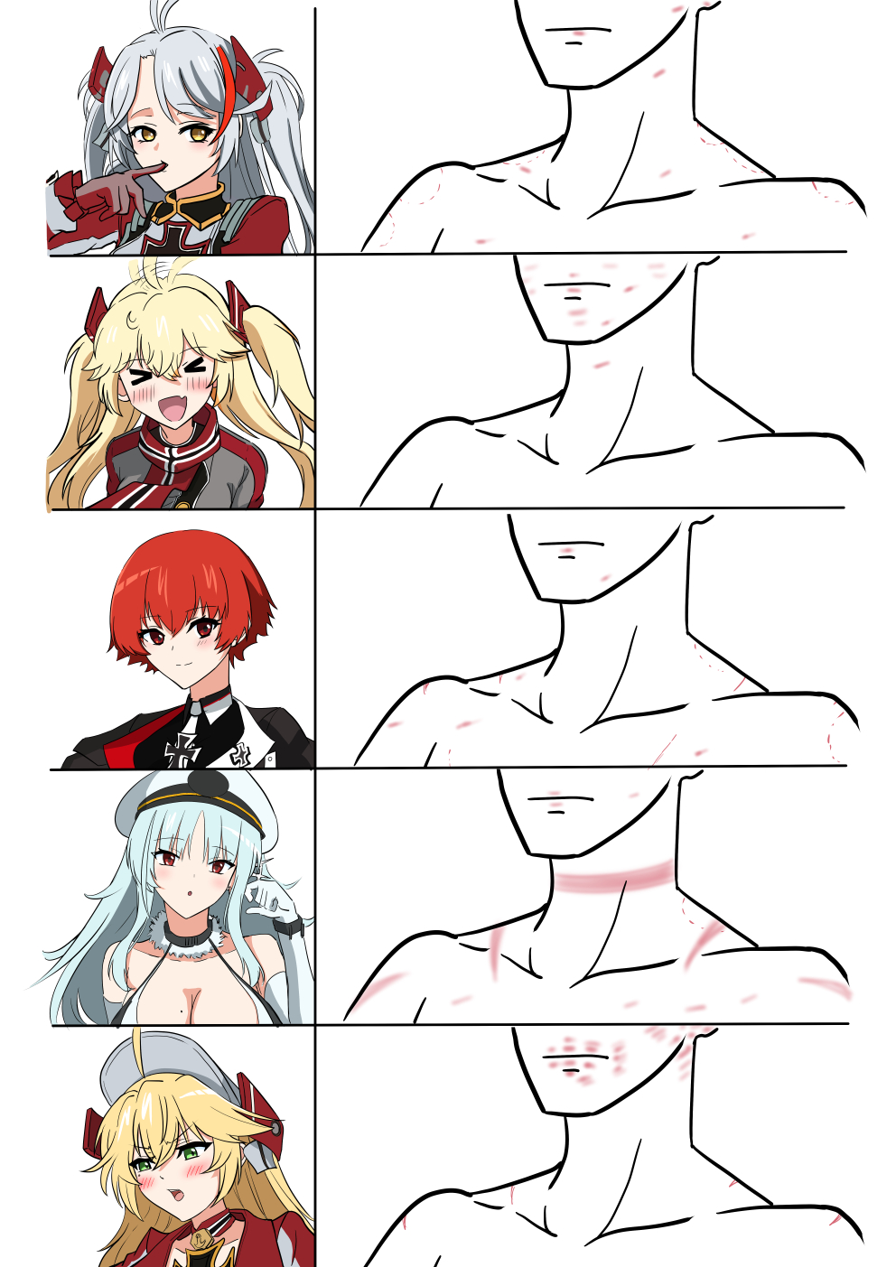&gt;_&lt; 5girls admiral_hipper_(azur_lane) azur_lane blonde_hair bluecher_(azur_lane) bow cross fang gloves green_eyes grey_hair highres iron_cross kiss kiss_chart mononokeotoko01 multiple_drawing_challenge multiple_girls prinz_eugen_(azur_lane) red_bow short_hair skin_fang tallinn_(azur_lane) upper_body weser_(azur_lane) yellow_eyes