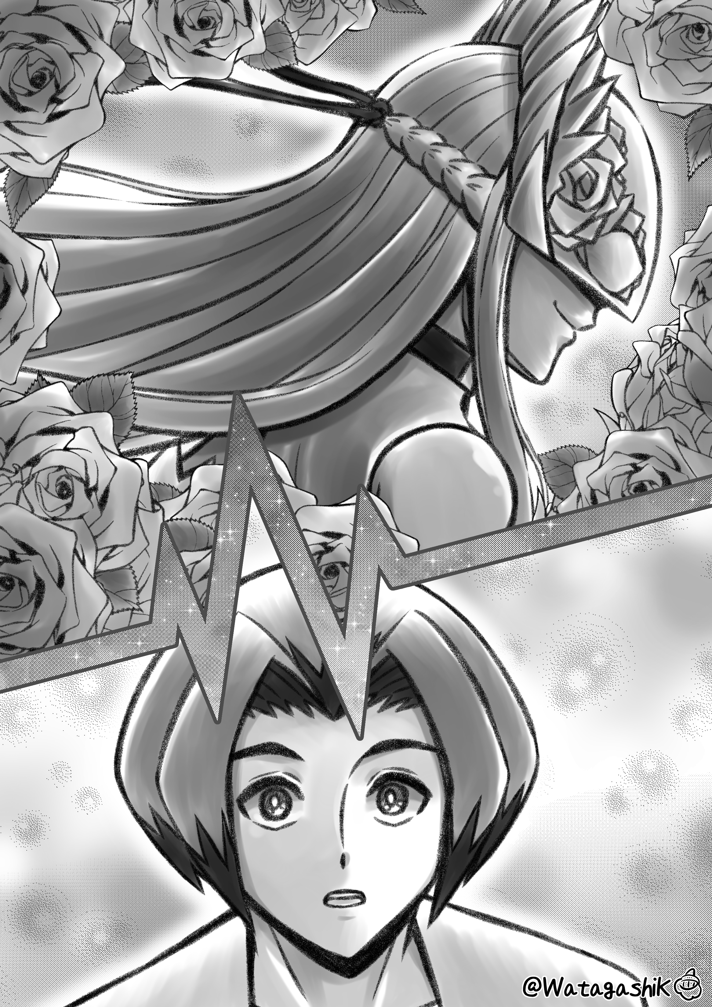 1boy 1girl absurdres cendrillmon digimon digimon_(creature) digimon_liberator flower highres looking_at_another mask watagashikn