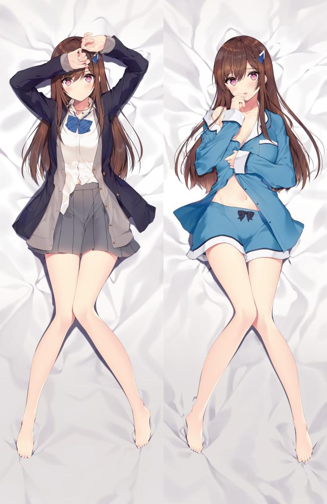 1girl arms_up bare_legs barefoot bed_sheet black_jacket blazer blue_pajamas blush bow bowtie braid breasts brown_hair cardigan closed_mouth collared_shirt commentary_request dakimakura_(medium) diagonal-striped_bow diagonal-striped_bowtie diagonal-striped_clothes doumyouji_cocoa feet full_body game_club_project grey_cardigan grey_skirt groin hair_between_eyes hair_ornament jacket jewelry knees_together_feet_apart lapels legs long_hair long_sleeves looking_at_viewer loose_bowtie lying midriff navel necklace necomi notched_lapels off_shoulder on_back open_cardigan open_clothes open_jacket open_pajamas pajamas purple_eyes school_uniform shirt single_bare_shoulder skirt sleeves_past_wrists solo striped_clothes virtual_youtuber white_shirt wing_collar