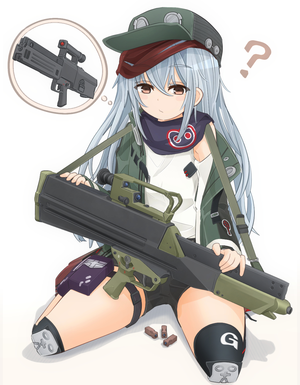 1girl 4.73x33mm_caseless 4.73x33mm_dm11_caseless ? advanced_combat_rifle_(military_program) advanced_individual_weapon_system_(military_program) advanced_infantry_weapon_system_(military_program) ammunition assault_rifle association_for_caseless_rifle_systems black_shorts blouse blue_scarf boots brown_boots bullet bullpup carbine caseless_ammunition caseless_ammunition_rifle_system_(military_program) caseless_firearm closed_mouth commentary_request dynamit_nobel_(company) elbow_pads external_propellant_caseless_ammunition female_focus frown full_body g11_(girls&#039;_frontline) gesellschaft_fur_hulsenlose_gewehrsysteme girls&#039;_frontline green_hat green_jacket gun gunpowder h&amp;k_acr h&amp;k_g11 h&amp;k_g11k2 hat heckler_&amp;_koch high_ignition_temperature_propellant highres holding holding_gun holding_weapon horizontal_magazine jacket lmg_cartridge long_hair long_sleeves looking_at_viewer mikeran_(mikelan) military_cartridge military_program off_shoulder open_clothes open_jacket personification polygonal_rifling propellant prototype_design red_eyes rifle rifle_cartridge scarf shadow shirt short_shorts shorts silver_hair sitting sleeveless sleeveless_shirt solid_propellant solo speech_bubble supersonic_ammunition telescoped_ammunition thigh_strap thought_bubble wariza weapon white_shirt