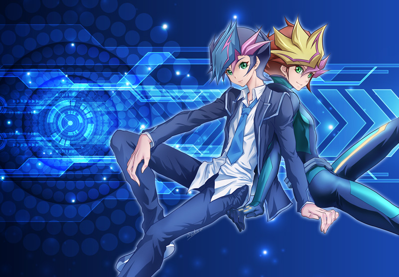 2boys alternate_form arm_on_own_leg back-to-back belt black_bodysuit black_hair black_jacket black_pants blazer blue_background blue_necktie bodysuit border colored_bangs dress_shirt dual_persona facing_to_the_side fujiki_yusaku green_bodysuit green_eyes grey_belt hand_on_ground hand_on_own_leg holographic_interface invisible_chair jacket knee_up knees_up leaning_back looking_at_viewer loose_necktie male_focus multiple_boys necktie on_ground open_clothes open_jacket ornate_border pants playmaker_(yu-gi-oh!) popped_collar red_hair saika318 school_uniform shirt sitting smile spiked_hair turning_head two-tone_bodysuit untucked_shirt white_shirt yellow_trim yu-gi-oh! yu-gi-oh!_vrains