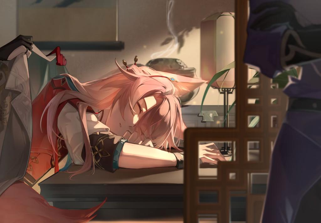 1girl 2boys animal_ears asymmetrical_gloves black_gloves blue_jacket closed_eyes commentary desk desk_lamp feixiao_(honkai:_star_rail) fox_boy fox_ears fox_tail gloves hanging_scroll honkai:_star_rail honkai_(series) jacket jiaoqiu_(honkai:_star_rail) lamp long_hair luoxue557 male_focus mismatched_gloves moze_(honkai:_star_rail) multiple_boys parted_lips pink_hair red_gloves scroll sleeping sleeping_on_desk solo_focus tail