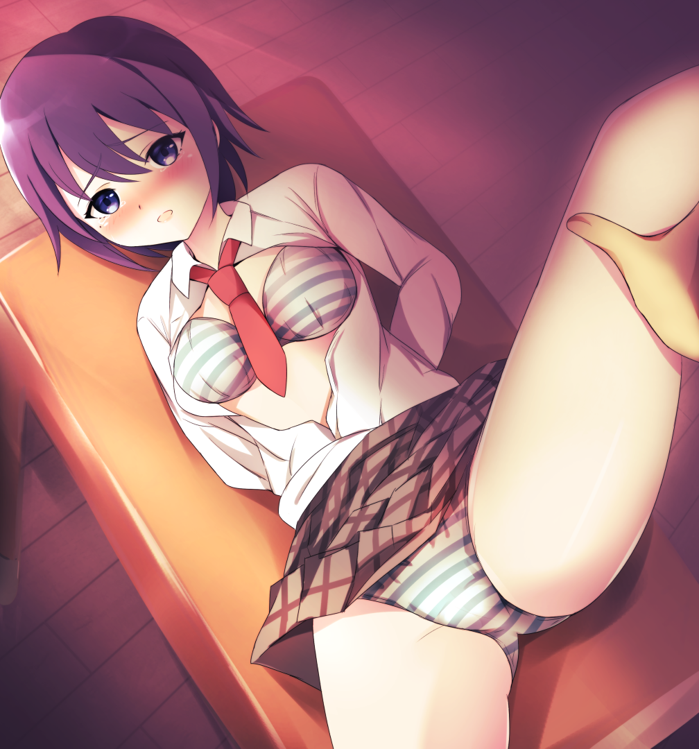 1girl bare_legs blush bra breasts commission kaze_(kaze_kaza) leg_grab long_sleeves open_mouth panties pixiv_commission plaid_clothes plaid_skirt pleated_skirt purple_eyes purple_hair red_tie restrained school_girl_strikers school_uniform shirt short_hair skirt small_breasts striped_bra striped_clothes striped_panties sumihara_satoka underwear white_shirt