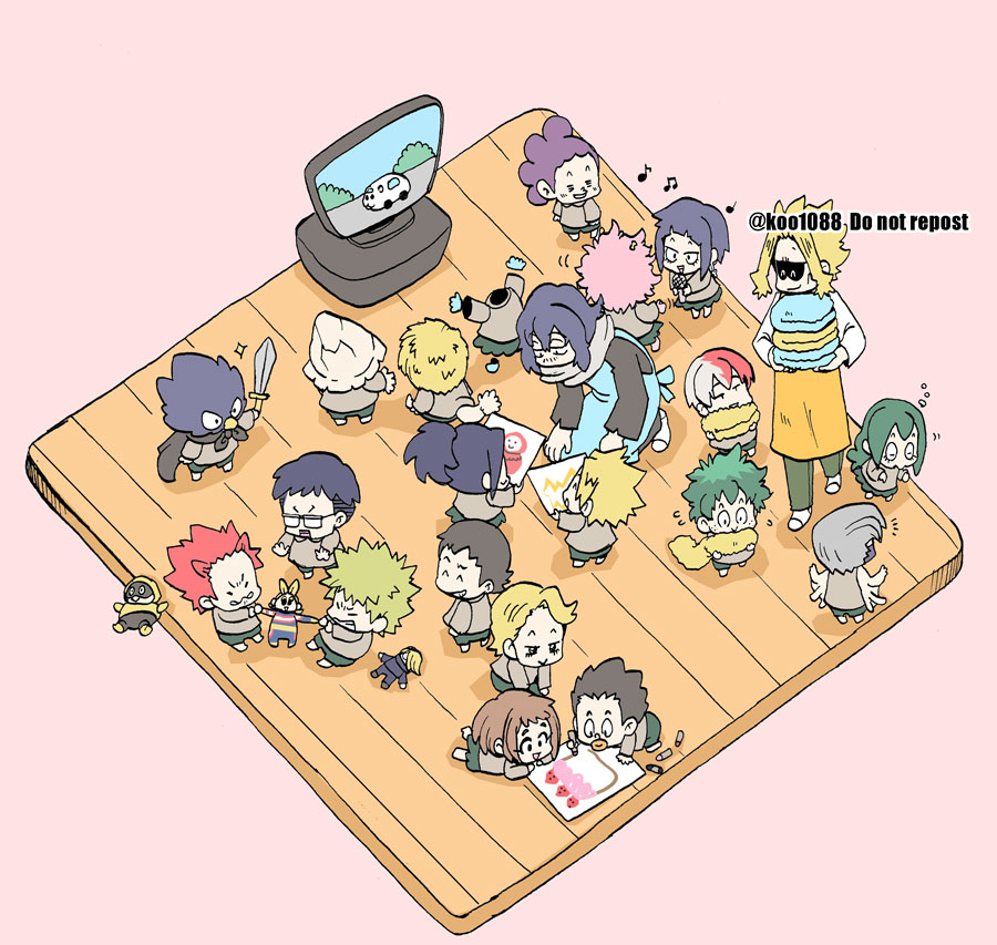 aged_down aizawa_shota all_might aoyama_yuuga ashido_mina asui_tsuyu bakugou_katsuki best_jeanist black_hair blonde_hair boku_no_hero_academia brown_hair character_doll child closed_mouth commentary_request doll drawing fat_gum_(boku_no_hero_academia) green_hair hagakure_toru holding holding_sword holding_weapon iida_tenya jiro_kyoka kaminari_denki kirishima_eijirou koo1088 kouda_kouji long_hair long_sleeves mineta_minoru molcar musical_note ojiro_mashirao on_floor open_mouth pink_background pink_hair pui_pui_molcar purple_hair red_hair satou_rikidou school_uniform sero_hanta short_hair shouji_mezou simple_background skirt standing sword television todoroki_shoto tokoyami_fumikage twitter_username uraraka_ochako weapon white_hair yagi_toshinori yaoyorozu_momo