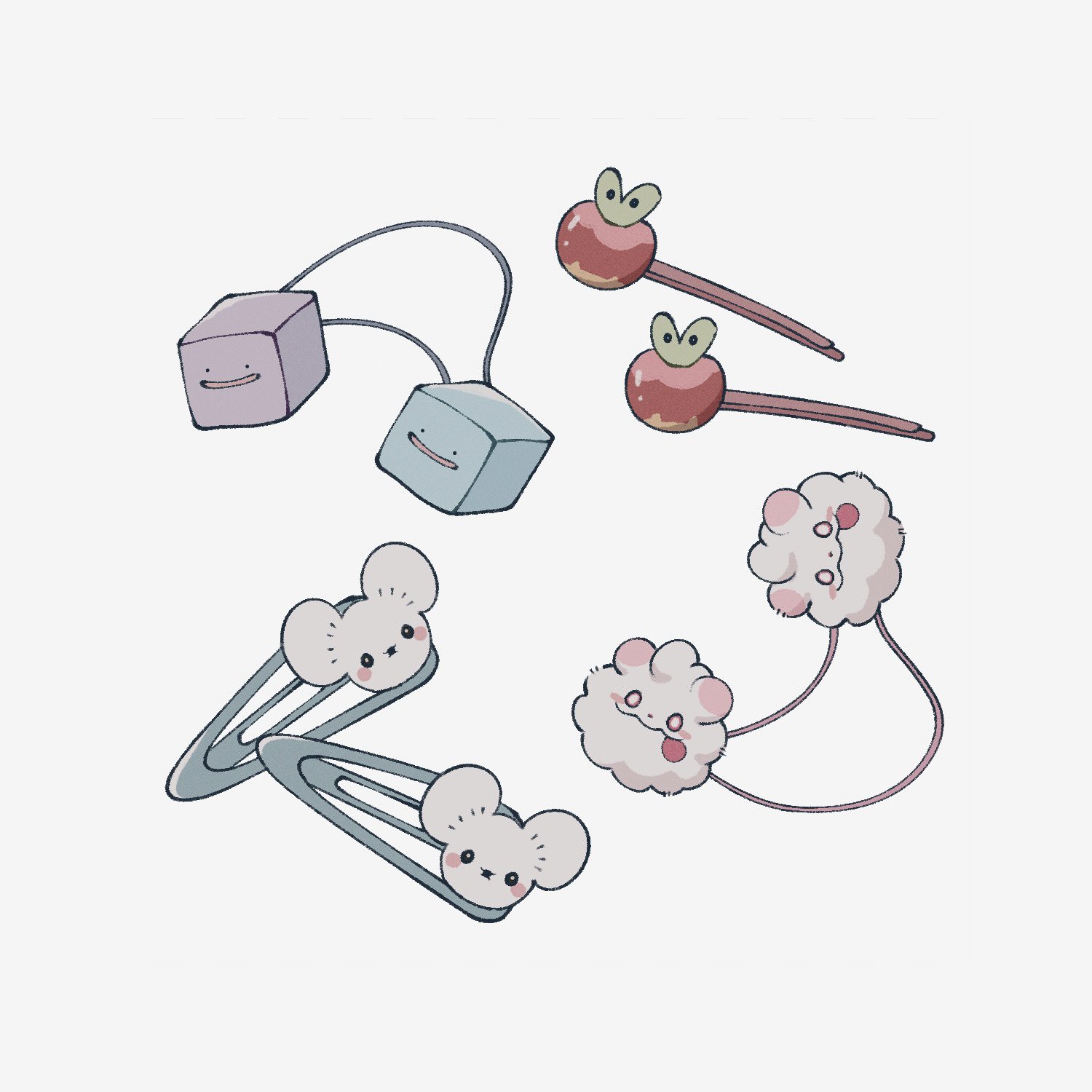 alternate_color appletun black_eyes blush_stickers ditto game_freak gen_1_pokemon gen_6_pokemon gen_8_pokemon hair_ornament hairpin highres nintendo no_humans object_focus open_mouth pokemon shiny_pokemon smile smprfms swirlix tandemaus tongue tongue_out white_background