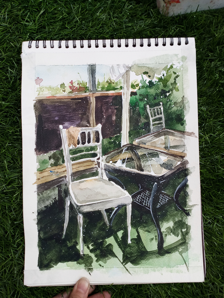 blue_sky bush chair chinese_commentary commentary_request day flower glass_table grass kong_tiao_bo_zi light_particles no_humans original outdoors painting_(medium) photo_(medium) pink_flower scenery shadow sky table traditional_media watercolor_(medium)