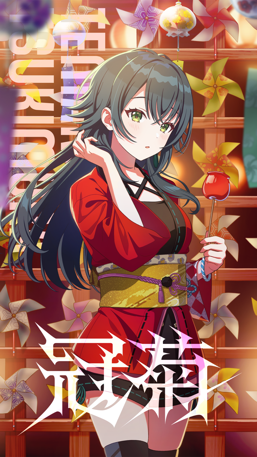 1girl candy_apple english_text fence floral_print food gakuen_idolmaster game_cg green_eyes grey_hair happi highres holding idolmaster japanese_clothes japanese_text kamurogiku_(idolmaster) official_art open_mouth pinwheel red_happi sash solo thighhighs tsukimura_temari