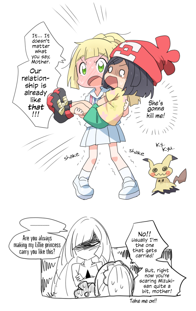 2koma 3girls black_hair blonde_hair blush carrying comic crossed_arms english_text gen_7_pokemon green_eyes hat korean_text lillie_(pokemon) long_hair lusamine_(pokemon) mimikyu multiple_girls nintendo open_mouth partially_colored player_character pokemon pokemon_sm ponytail princess_carry re_ghotion red_headwear scared selene_(pokemon) short_hair skirt skirt_set spoilers sweat text_focus trembling white_skirt yuri
