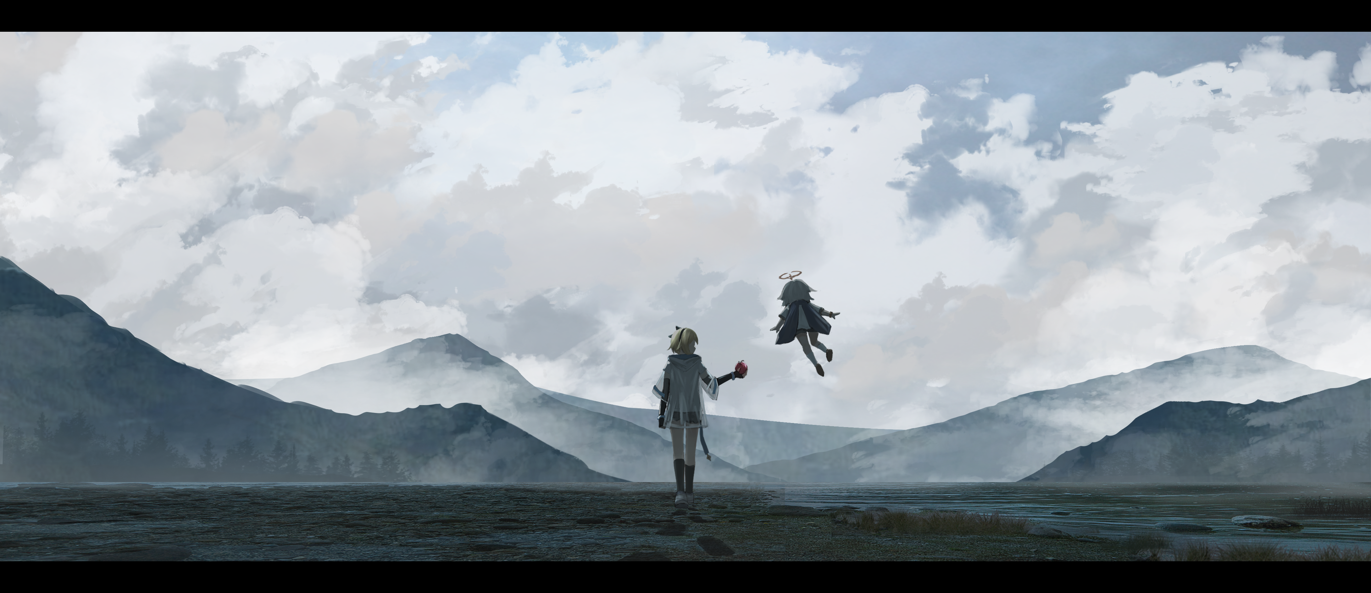2girls absurdres alternate_costume blonde_hair capelet cloud cloudy_sky day de4d_fish dress floating genshin_impact grass halo highres lumine_(genshin_impact) mountain multiple_girls outdoors paimon_(genshin_impact) scenery shoes shorts sky very_wide_shot white_dress white_hair