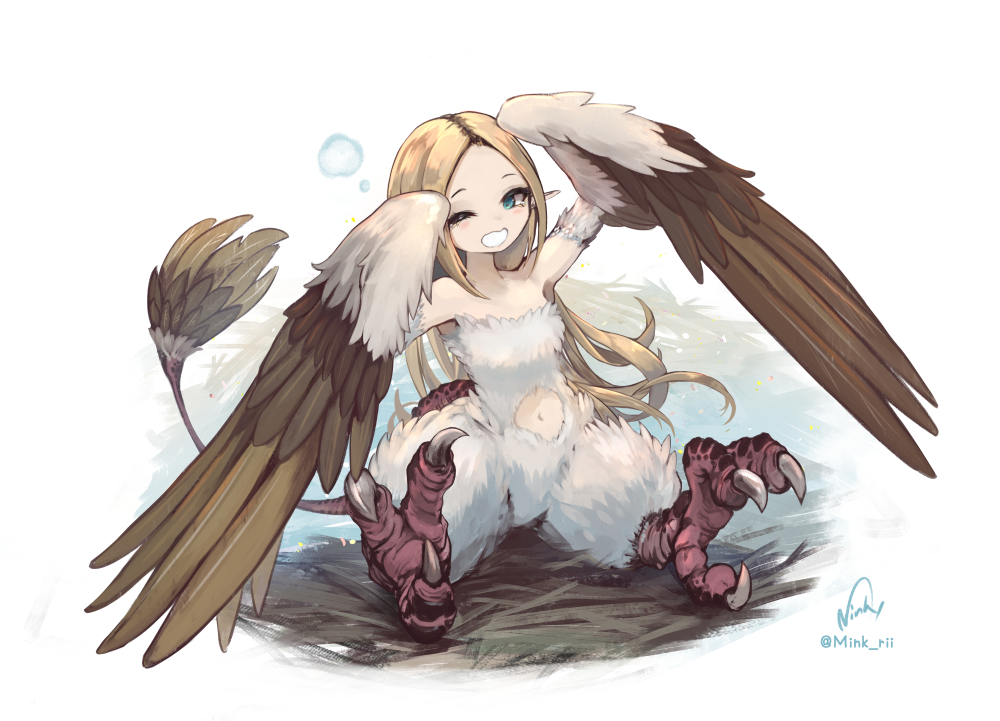 1girl animal_feet bird_legs blonde_hair blue_eyes brown_wings claws commentary_request feathered_wings full_body harpy long_hair looking_at_viewer minksama monster_girl nest one_eye_closed original partially_feathered_tail sitting solo tail talons white_background winged_arms wings yawning