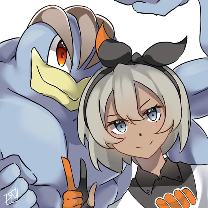 1girl bea_(pokemon) black_hairband closed_mouth collared_shirt commentary creatures_(company) dark-skinned_female dark_skin eyelashes game_freak gen_1_pokemon gloves grey_eyes grey_hair gym_leader hair_between_eyes hairband looking_at_viewer machamp nanoru/shai nintendo partially_fingerless_gloves pokemon pokemon_(creature) pokemon_swsh print_shirt shirt short_hair simple_background smile w white_background