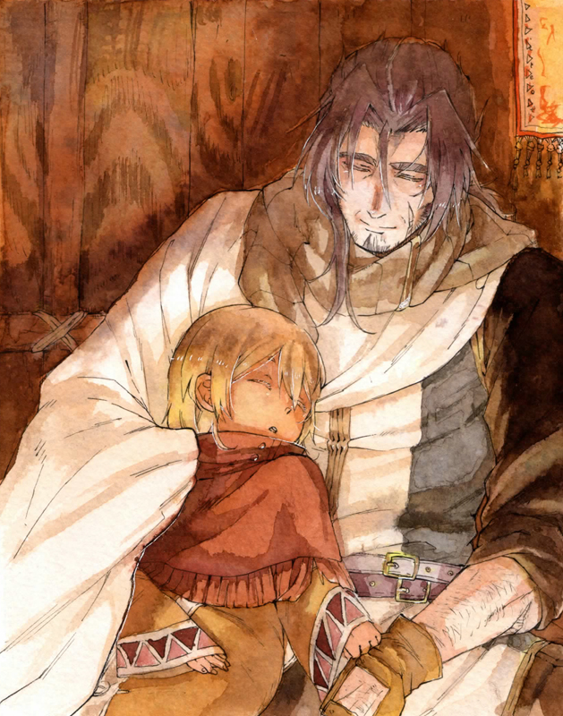 1boy 1girl belt blonde_hair brown_gloves brown_shirt brown_sweater cape child closed_eyes comforting facial_hair gloves goatee grey_tunic gurast hand_on_another&#039;s_shoulder holding_hands indoors leaning_on_person lying_on_lap mature_male original purple_belt purple_hair red_poncho shirt sitting sleeping sleeves_rolled_up sweater tunic white_cape wooden_wall
