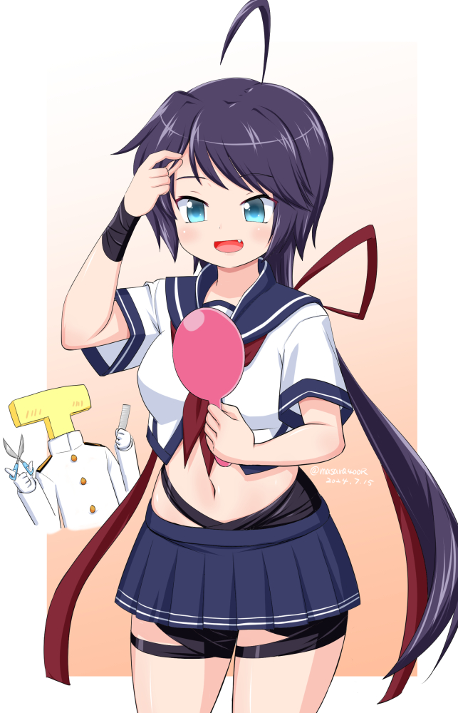 1boy 1girl ahoge alternate_hairstyle bandages blue_eyes blue_sailor_collar blue_skirt commentary_request commission cowboy_shot fang hair_ribbon hand_mirror kako_(kancolle) kako_kai_ni_(kancolle) kantai_collection low_ponytail masara_(chuujou) midriff mirror navel neckerchief pleated_skirt ponytail red_neckerchief ribbon sailor_collar scissors skirt t-head_admiral