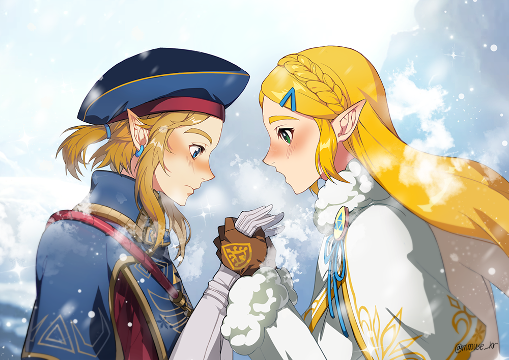 1boy 1girl blonde_hair blue_eyes blue_headwear blue_ribbon blush braid brown_gloves brown_hair cape closed_mouth collar commentary_request dress ear_piercing earrings from_side fur fur_collar fur_trim gloves green_eyes hair_ornament hair_ribbon hairclip holding_hands hat headwear_request holding jewelry link long_hair long_sleeves looking_at_another looking_down muse_(rainforest) nintendo open_mouth piercing pointy_ears princess_zelda ribbon royal_guard_set_(zelda) sidelocks simple_background snow the_legend_of_zelda the_legend_of_zelda:_breath_of_the_wild thick_eyebrows triforce upper_body white_gloves winter winter_clothes