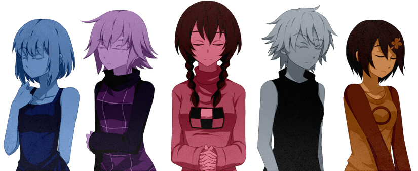 .flow 5girls ai_(kuroha-chan) arm_behind_back braid chie_(lcddem) closed_eyes holding_own_arm kuroha_ai lcddem long_hair madotsuki monochrome multiple_girls own_hands_clasped own_hands_together sabitsuki short_hair twin_braids twintails urotsuki usotsuki yume_2kki yume_nikki yume_nisshi