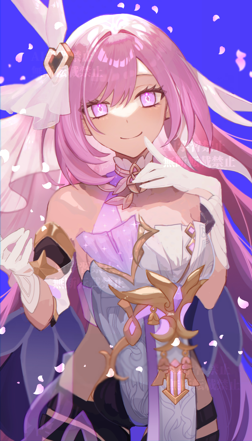 1girl black_shorts breasts clothing_cutout commentary_request corset diamond-shaped_pupils diamond_(shape) elysia_(herrscher_of_human:_ego)_(honkai_impact) elysia_(honkai_impact) falling_petals gloves highres honkai_(series) honkai_impact_3rd large_breasts long_hair petals pink_hair purple_background purple_eyes short_shorts shorts side_cutout solo symbol-shaped_pupils triquetra ufo_(23494318) veil very_long_hair white_corset white_gloves white_veil