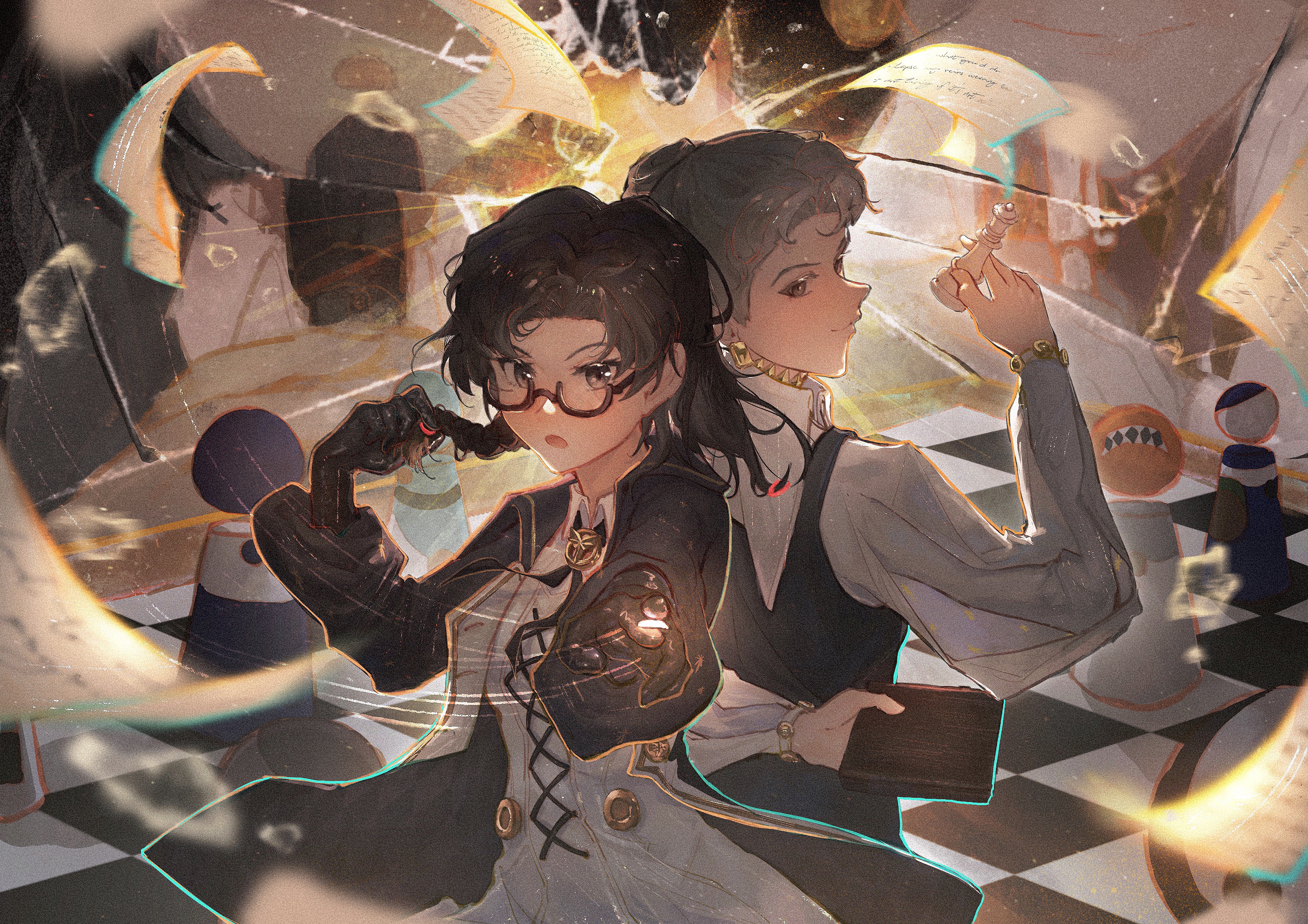 2girls :o absurdres back-to-back black-framed_eyewear black_coat black_eyes black_gloves black_hair board_game box broken_glass chess_piece chessboard coat collared_dress constantine_(reverse:1999) dress flying_paper glass gloves go_(board_game) grey_eyes grey_hair hair_bun hand_up hands_up highres holding holding_box holding_chess_piece holding_own_hair looking_at_viewer mangxia_xiang_chi_mangguo medium_hair multiple_girls multiple_views outstretched_arm paper profile reverse:1999 semi-rimless_eyewear shirt under-rim_eyewear upper_body v-shaped_eyebrows white_dress white_shirt z_(reverse:1999)