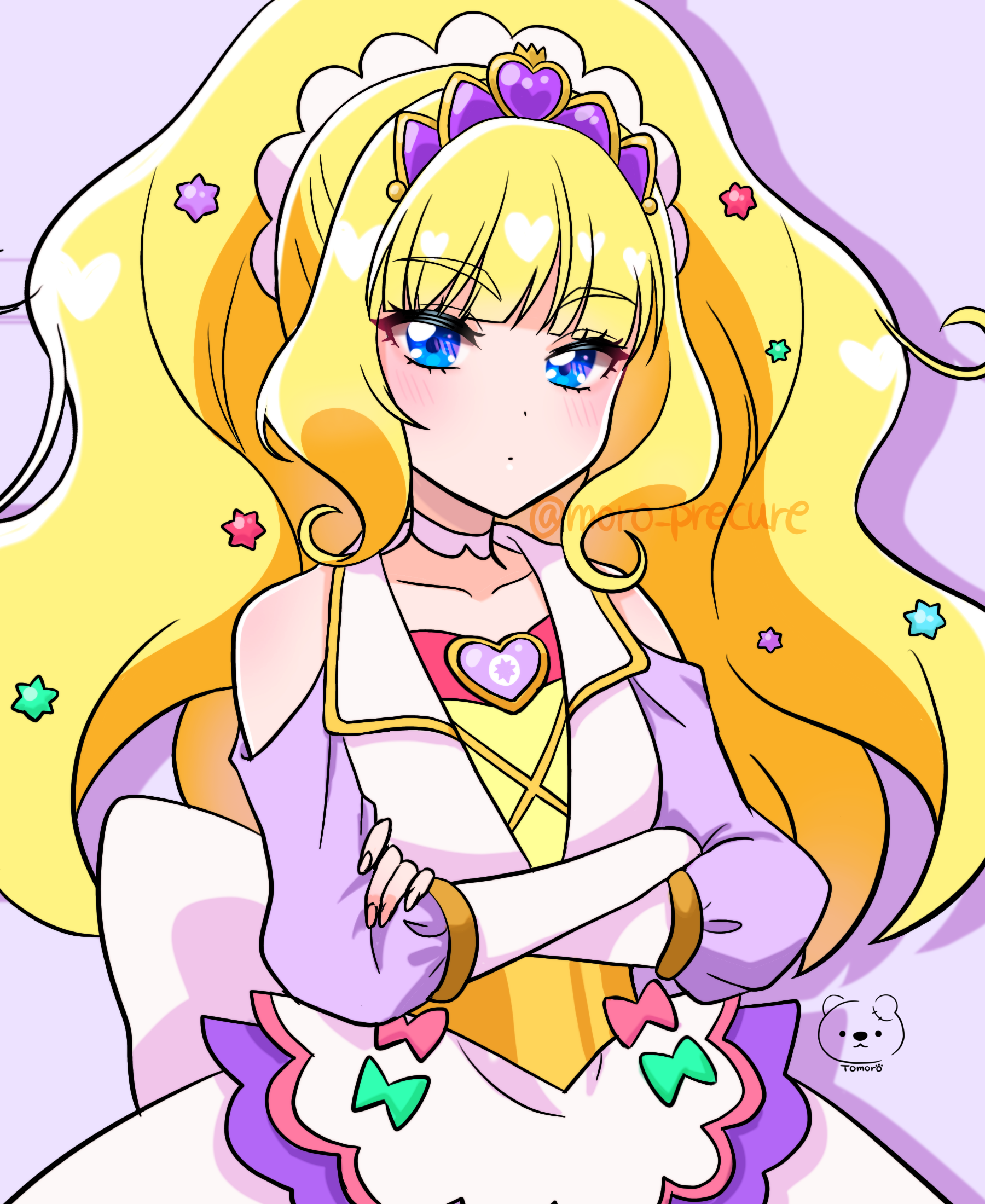 1girl arm_warmers artist_logo artist_name blonde_hair blue_eyes blush brooch choker clothing_cutout cure_finale delicious_party_precure dress heart heart_brooch highres jewelry kasai_amane logo long_hair magical_girl moro_precure multicolored_dress open_mouth ponytail precure shoulder_cutout solo tiara twitter_username white_choker
