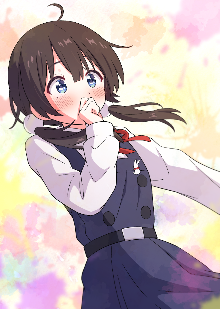 1girl ahoge black_hair blue_eyes blush brown_hair covering_own_mouth dress hair_ornament hand_over_own_mouth hand_up haruki_reimari kitashirakawa_tamako long_hair long_sleeves low_twintails multicolored_background neck_ribbon pinafore_dress red_ribbon ribbon school_uniform short_hair sleeveless sleeveless_dress solo tamako_love_story tamako_market twintails