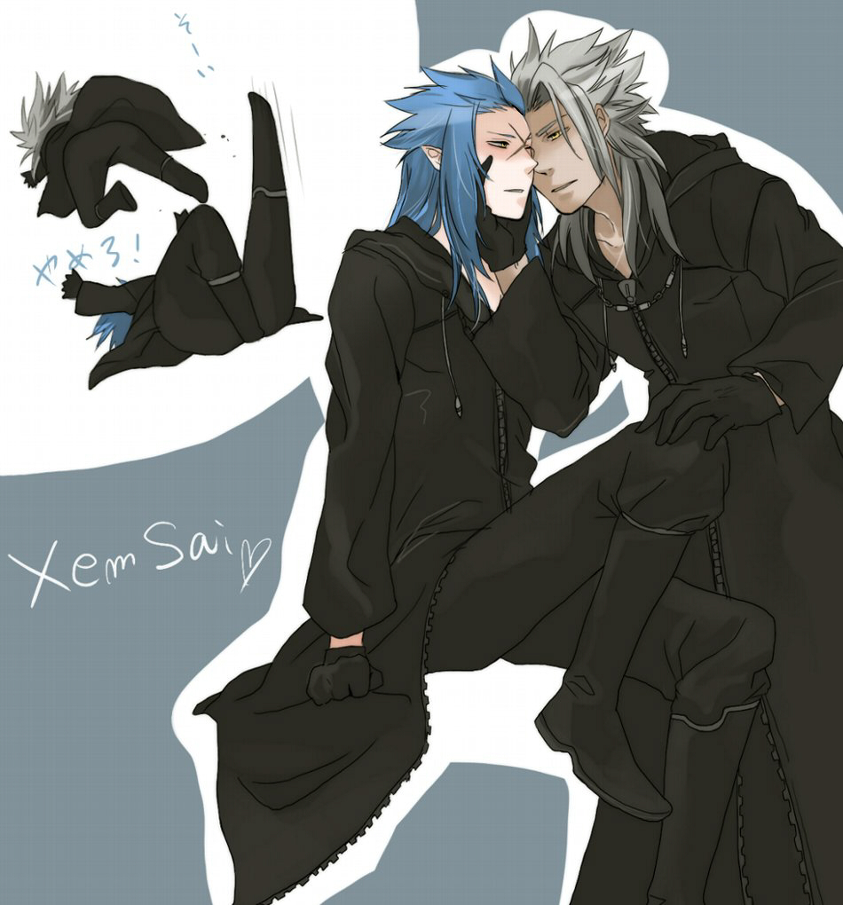 2boys arms_up black_coat black_coat_(kingdom_hearts) black_footwear black_gloves black_pants blue_hair boots character_name chibi chibi_inset clenched_hand coat commentary_request cross_scar dark_skin forehead-to-forehead full-length_zipper gloves grey_background grey_hair hair_slicked_back half-closed_eyes hand_on_another&#039;s_face hand_on_another&#039;s_knee heads_together heart hood hood_down imminent_kiss invisible_chair jumping kicking kingdom_hearts kingdom_hearts_ii knee_boots knee_up leaning_forward leg_up lying male_focus minatoya_mozuku multiple_boys noses_touching on_back outline pants parted_lips pointy_ears pouncing saix scar sidelocks simple_background sitting spiked_hair standing white_outline xemnas yaoi yellow_eyes zipper