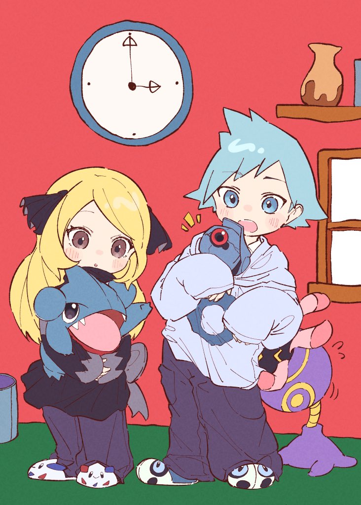 &gt;_&lt; 1boy 1girl aged_down alternate_eye_color anidf animal_slippers aron baggy_pants beldum black_sclera blonde_hair blue_eyes blue_hair brown_eyes child clock colored_sclera colored_skin cynthia_(pokemon) fangs game_freak gen_3_pokemon gen_4_pokemon gible hair_ornament holding holding_pokemon lileep long_hair nintendo one-eyed open_mouth oversized_clothes oversized_shirt pants pokemon pokemon_(creature) pokemon_dppt pokemon_rse purple_skin red_eyes sharp_teeth shelf shirt short_hair slippers solid_circle_eyes steven_stone teeth togekiss vase wall_clock window yellow_eyes