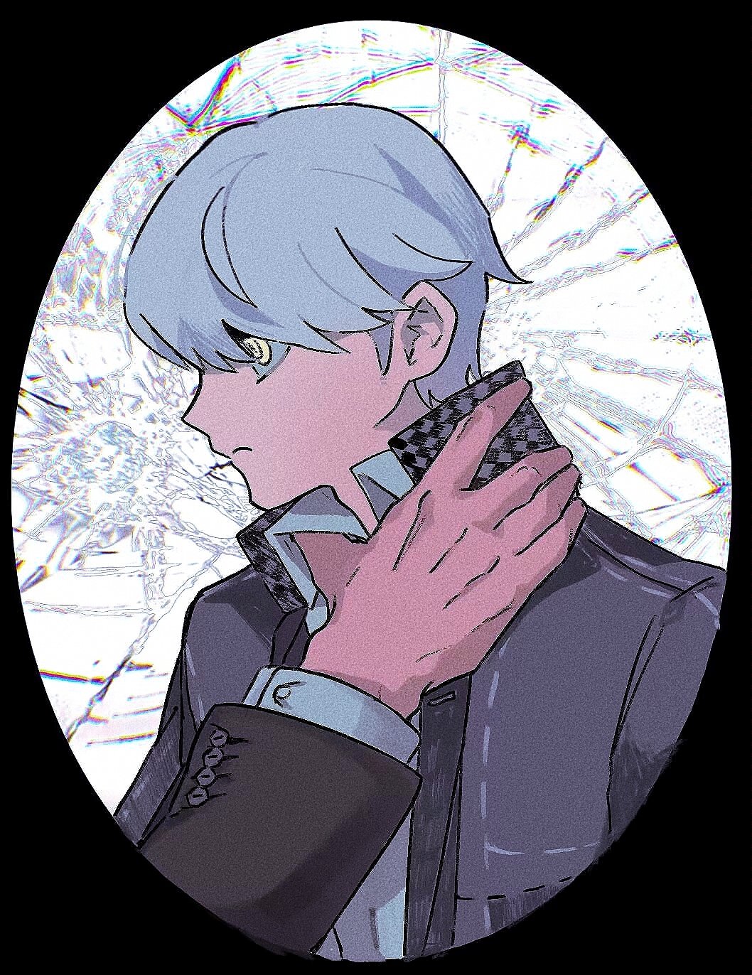 2boys adachi_tooru black_jacket closed_mouth collared_jacket collared_shirt crack cracked_glass from_side frown grey_hair hamusitas hand_on_another&#039;s_neck highres houndstooth jacket layered_sleeves long_sleeves male_focus multiple_boys narukami_yu open_clothes open_jacket out_of_frame persona persona_4 popped_collar ringed_eyes shirt short_hair sideburns solo_focus swept_bangs white_shirt wing_collar yellow_eyes