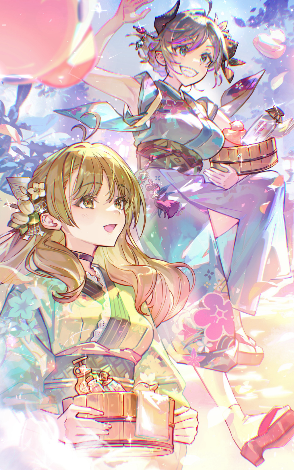 2girls :d ahoge arm_up atelier_(series) atelier_ayesha atelier_resleriana ayesha_altugle blonde_hair blue_eyes blue_kimono breasts broken_horn brown_eyes bucket demon_horns floral_print flower green_kimono grin hair_between_eyes hair_flower hair_ornament highres holding holding_bucket horns japanese_clothes kimono large_breasts long_hair long_sleeves multicolored_hair multiple_girls non-web_source obi official_alternate_costume official_art open_mouth purple_hair sash smile sparkle standing updo valeria_(atelier) wooden_bucket yukata