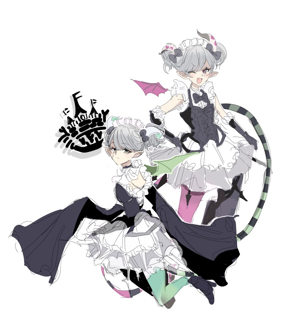 2girls arianna_the_labrynth_servant arianne_the_labrynth_servant black_bow black_bowtie bow bowtie butler castle cracked_skin demon_girl demon_horns demon_tail demon_wings duel_monster fang female_butler green_eyes green_tail green_wings grey_hair horns maid maid_headdress multiple_girls one_eye_closed pink_eyes pink_tail pink_wings pointy_ears smile tail thighhighs toba_(toba_game) twintails two-tone_tail wide_sleeves wings yu-gi-oh!