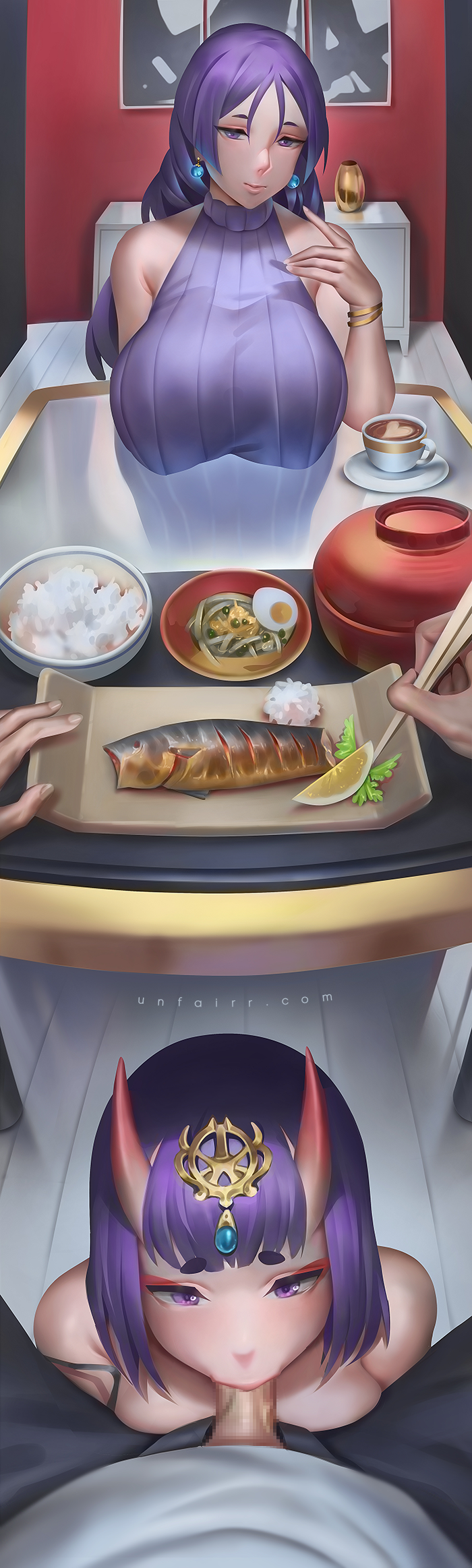 1boy 2girls blush bob_cut bowl bracelet breast_rest breasts breasts_on_table censored coffee collarbone cup dress earrings egg eyeliner fate/grand_order fate_(series) fellatio fish food fruit headpiece hetero highres horns jewelry lemon lemon_slice long_hair looking_at_viewer makeup minamoto_no_raikou_(fate) mosaic_censoring multiple_girls noodles oni oral parted_bangs penis plate purple_dress purple_eyes purple_hair ribbed_dress rice short_hair shuten_douji_(fate) skin-covered_horns sleeveless sleeveless_dress small_breasts smile stealth_fellatio stealth_sex sweater sweater_dress table udon under_table unfairr very_long_hair