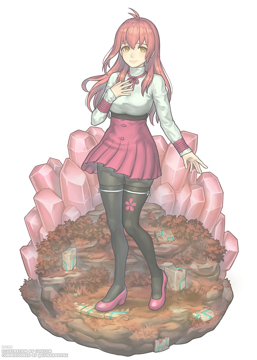 1girl aged_up ahoge alternate_costume ascot belt bracer commission commissioner_upload gofelem hand_on_own_chest highres long_sleeves momo_mizrahi pantyhose pink_hair platform pleated_skirt shoes simple_background skirt solo thighhighs turtleneck xenosaga yellow_eyes