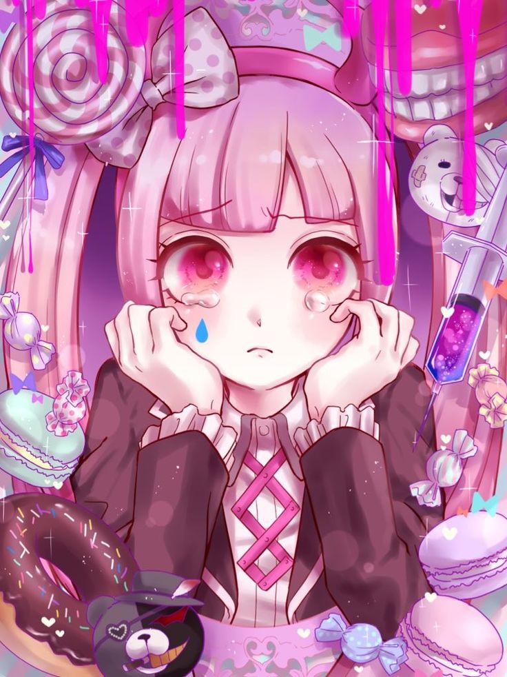 1girl black_jacket blush bow candy child closed_mouth collared_shirt crying danganronpa_(series) danganronpa_another_episode:_ultra_despair_girls dentures face_in_hands fake_horns food from_behind hairband hands_on_own_face head_in_hands headband horned_headwear horns jacket kurokuma_(danganronpa) lollipop long_hair long_sleeved_jacket long_sleeves looking_at_viewer macaron matching_hair/eyes needle pink_eyes pink_hair pink_hairband pink_headband pink_headwear pink_horns polka_dot polka_dot_bow shirokuma_(danganronpa) shirt tears twintails upper_body utsugi_kotoko white_shirt