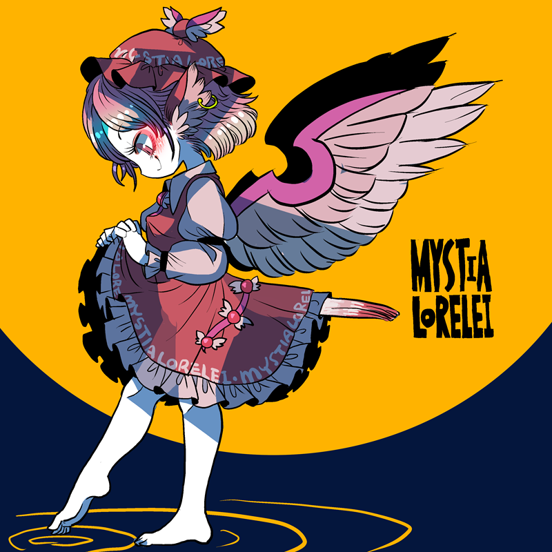1girl animal_ears barefoot bird_ears bird_tail bird_wings blush brown_dress brown_hat character_name closed_mouth clothes_writing dress earrings frilled_dress frills full_body hat jewelry long_sleeves mystia_lorelei pink_eyes pink_hair short_hair single_earring smile solo tail touhou white_wings winged_hat wings yt_(wai-tei)
